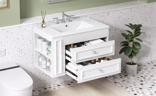English Elm 30'' Wall Mounted Bathroom Vanity with Ceramic Sink, Floating MDF Cabinet, Soft-Close Drawers & Ample Storage White N710P334915K