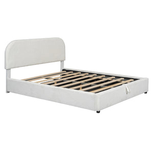English Elm Teddy Plush Upholstered Platform Bed Queen with Hydraulic Storage, Teddy Fleece Comfort & Sturdy Frame White SF000166AAK