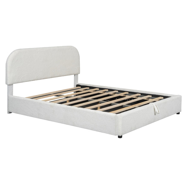 English Elm Teddy Plush Upholstered Platform Bed Queen with Hydraulic Storage, Teddy Fleece Comfort & Sturdy Frame White SF000166AAK