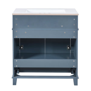 English Elm 30'' Bathroom Vanity with Sink - Retro Solid Wood Frame, Ceramic Basin, Soft-Close Doors & Ample Storage Blue N710P190656C