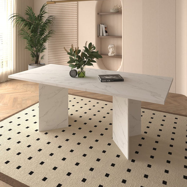 English Elm Extendable Faux Marble Dining Table with V-Legs — Sleek Expandable Conference & Kitchen Centerpiece for 6–10 White W1347S00015