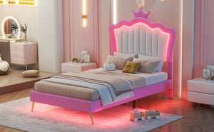 English Elm Twin Size Upholstered Bed Frame With Crown Headboard & Led Lights - Modern Pink & White Princess Style W2770P190377-GIGA