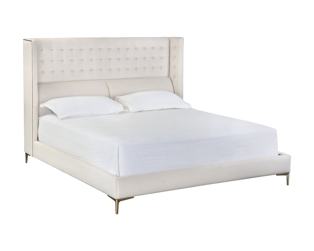 Sunpan Cairo Bed - King - Luxurious Antonio Porcelain With Tufted Comfort, Antique Brass Legs & Durability Cream Fabric 105562