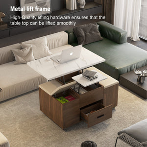 English Elm Modern Lift-Up Coffee Table with 4 Stools Set — Space-Saving Convertible Dining Table with Hidden Storage and Cushioned Seating White,Wood 44.88 L x 28.54 W x 6.69 H W1321S00026