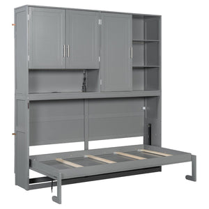 English Elm Twin Murphy Bed with Cabinet Shelves Built in Lighting Usb Ports Space Saving Wall Unit Gray LP000389AAE-1