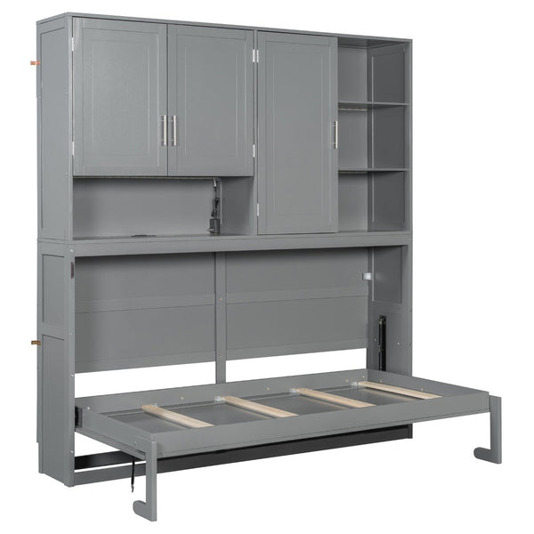 English Elm Twin Murphy Bed with Cabinet Shelves Built in Lighting Usb Ports Space Saving Wall Unit Gray LP000389AAE-1