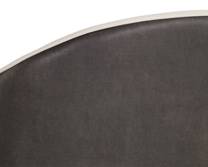 Sunpan Kylin Dining Armchair: Modern Barrel Back Design in Cream Faux Leather with Brass Steel Legs