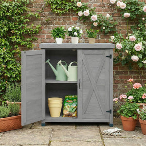 English Elm Potting Bench Outdoor Hemlock Wood Metal Top Cabinet Farmhouse Garden Workstation W1390P407461
