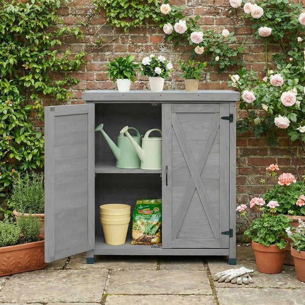 English Elm Potting Bench Outdoor Hemlock Wood Metal Top Cabinet Farmhouse Garden Workstation W1390P407461