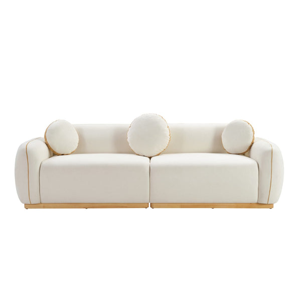 English Elm 90.94'' Three Seat Contemporary Curved Sofa with Round Accent Pillows for Modern Living Beige+White W2085S00093
