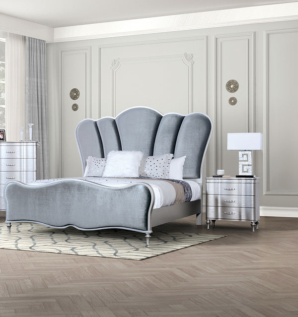 English Elm Lovely Art Deco 3pc Queen Bedroom Set with Light Gray Padded Channel Headboard and Oak Veneer Accents Silver 96 L x 53 W x 6 H B2741S00200