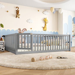 English Elm Queen Kids Floor Bed Pine Wood Frame with Safety Rails Door and Low Profile Design Gray W1580P418053
