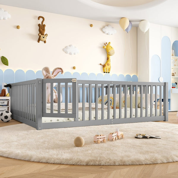 English Elm Queen Kids Floor Bed Pine Wood Frame with Safety Rails Door and Low Profile Design Gray W1580P418053