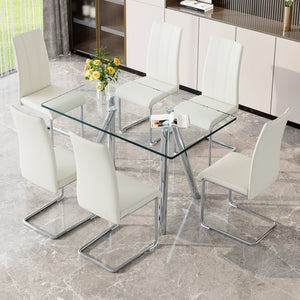 English Elm Tempered Glass Six Seat Dining Set with Chrome Legs and White Pu Leather Chairs W3875S00043