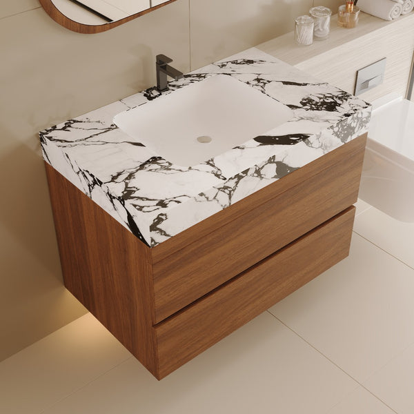 English Elm 29.9" Floating Bathroom Vanity Sintered Stone Top Soft Close Drawers Bronze Gold Hardware W3136S00040