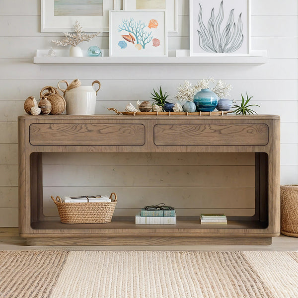 JLA Home Chapel Hill - Console Chapel Hill Emil Driftwood Oak Console Table with 2 Drawers, Open Shelf, Sealed Top, Modern Appeal CH125-0082