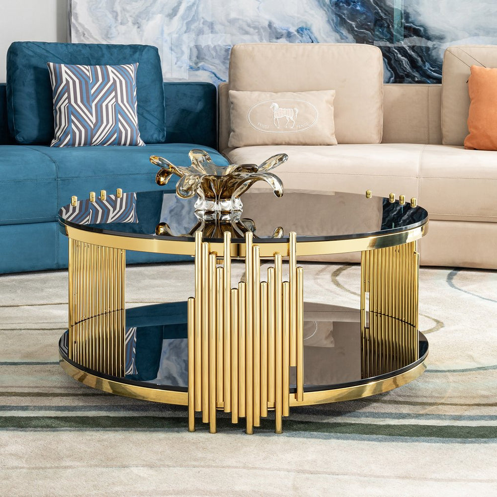 English Elm double double layer black tempered glass top stainless steel round coffee table - gold frame, two-tier storage, modern luxury for living room, office, bedroom W2723P252344