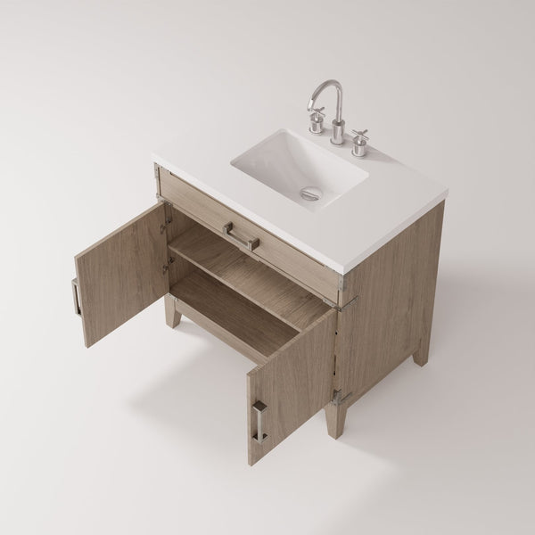 English Elm Grey Oak Single Bath Vanity With White Quartz Top, Chrome Faucet & Soft-Close Doors - Modern Style B2731P259799