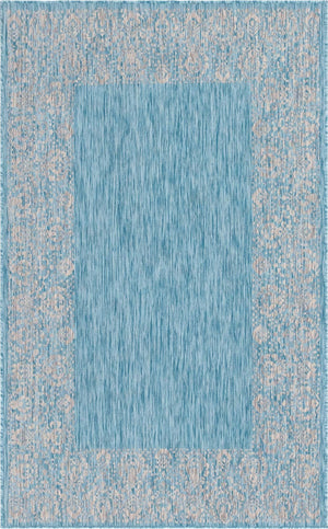 Unique Loom Outdoor Border Floral Border Machine Made Floral Rug Aqua, Ivory/Gray 5' 1" x 8' 0"