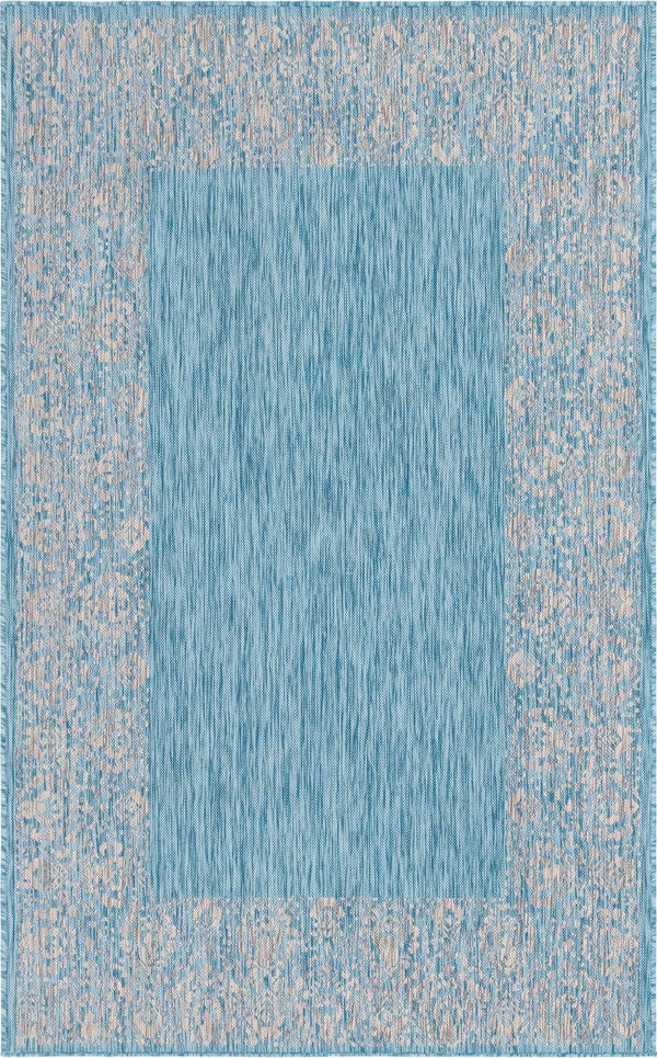 Unique Loom Outdoor Border Floral Border Machine Made Floral Rug Aqua, Ivory/Gray 5' 1" x 8' 0"