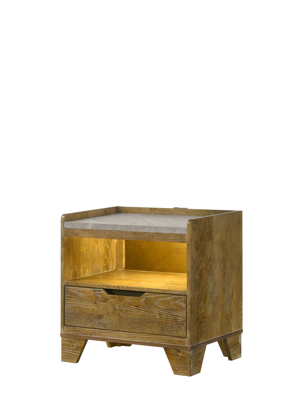 English Elm Garcia Light Aspen Brown Nightstand with LED, USB Port, Solid Rubberwood, Metal Glide Drawer, Safe Stop B2726P391842