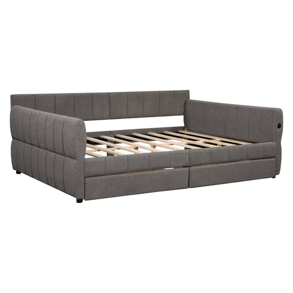English Elm Queen Lambswool Platform Bed with Usb Charging Armrests and Under Storage Drawers Gray N7500000601E