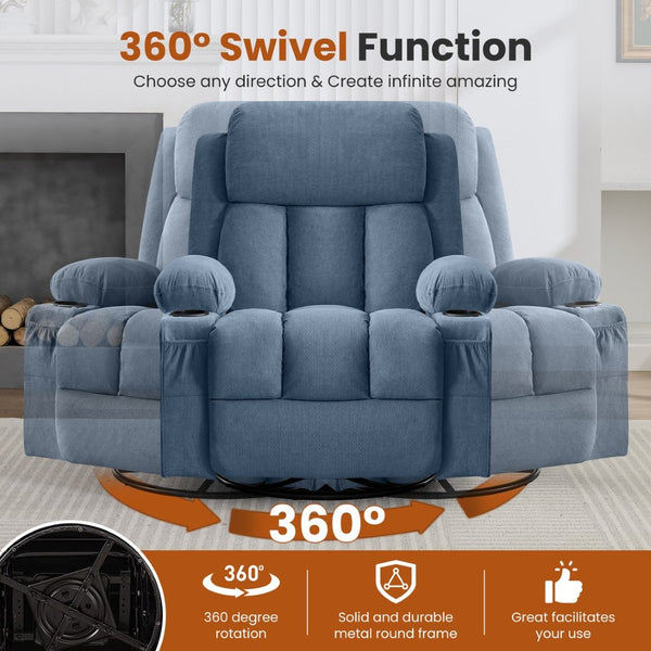 English Elm Swivel Rocker Recliner with Massage Heat and Usb Port for Living Room Comfort W1521P429648