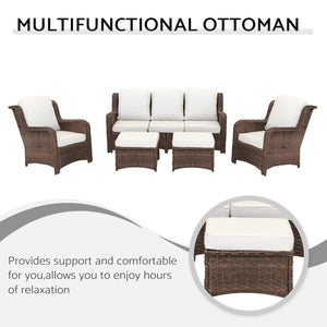 English Elm Patio Rattan Outdoor Sectional Set with 3-Seat Sofa, 2 Chairs & 2 Ottomans Cushioned Comfort Brown Grey,Off White W1710S00256