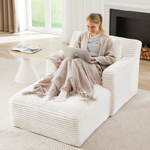 English Elm Indoor Single Chaise Sofa Plush Corduroy Upholstery, No Assembly, High-Density Foam & Pocket Spring Comfort White W2339P294668