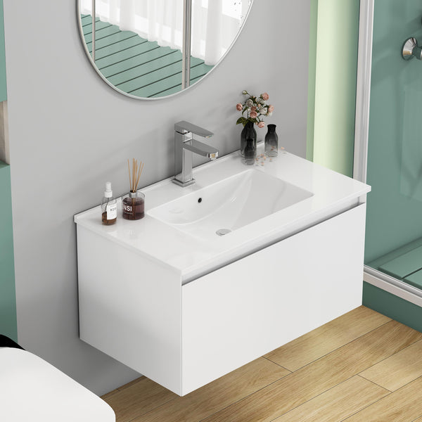 English Elm 32-Inch Wall-Mounted Bathroom Vanity With Soft-Close Drawer, Ceramic Sink, Matte White Finish, Modern Design W3151S00042