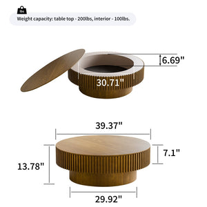 English Elm 39.37'' Fluted Drum Round Coffee Table Lift Top Hidden Storage Wood Veneer Modern W1435P409016