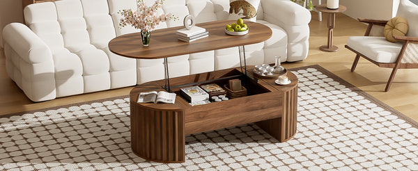 English Elm U-Can Elliptical Lift Top Coffee Table with Hidden Storage, Hydraulic Lift, Wood-Grain Modern Design Brown N724P308481D