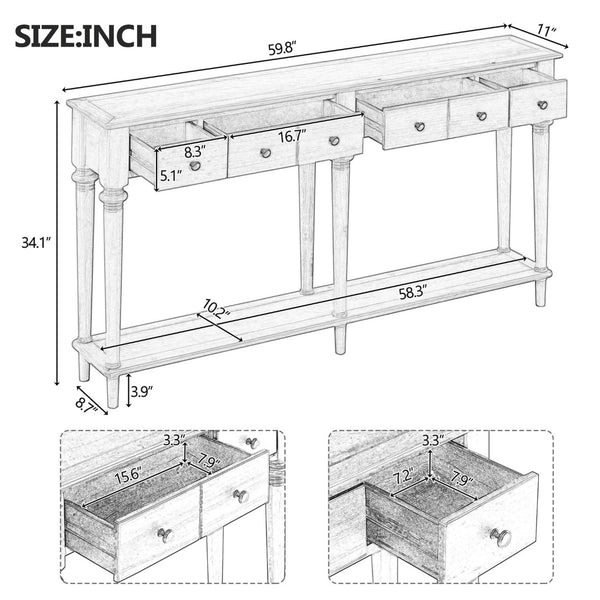 English Elm Trexm Vintage Console Table Four Drawers Pine Veneer Grey Wash Entryway Storage N715P202860E