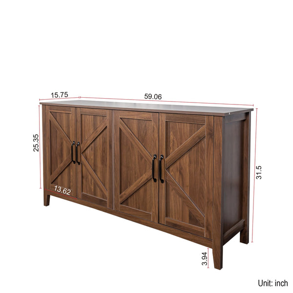 English Elm Cabinet Modern 4-Door Sideboard with 4 Open Shelves, 59" Freestanding Storage Console for Home Decor W331P266133