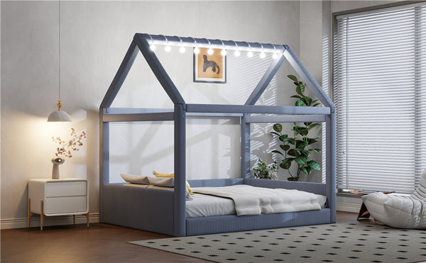 English Elm Full Size Upholstered House Daybed With Led Light Strips, Cozy Grey Corduroy For Stylish Spaces N7500001335E