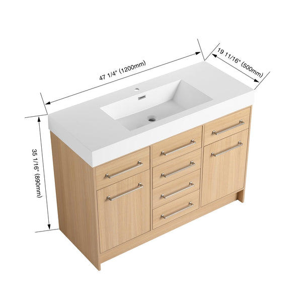 English Elm 48" Freestanding Bathroom Vanity with Resin Sink, Original Oak Finish, 2 Doors & 6 Drawers, Plywood W1972P315227