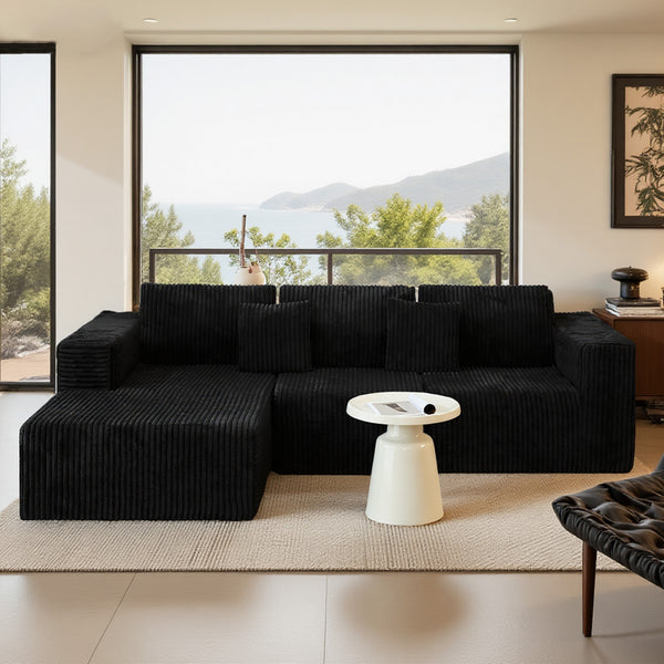 English Elm 112.99"Cloud Long-Pile Corduroy Sectional Sofa with L-Shape Chaise, Modular Deep-Seat Comfort for Living Room Black W3276S00009
