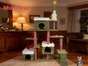 English Elm Wide Holiday Cat Tree Tower with Sisal Posts Tiered Perches and Festive Star Topper W243P382868
