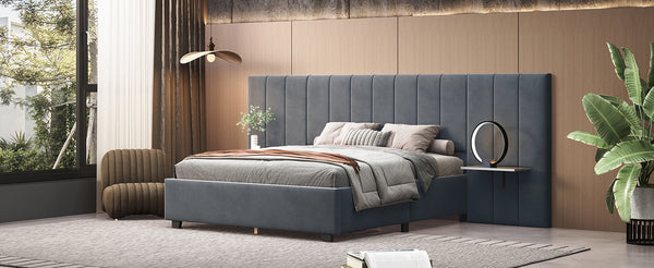 English Elm Queen Upholstered Platform Bed with Oversized Velvet Headboard, Built-In Shelves, Modern Comfort and Support for Relaxation Gray SF000138AAE