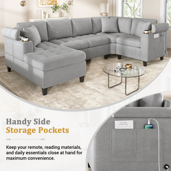 English Elm Modern U-shaped Sectional Sofa 115.7" Corner Couch with Chaise, Chenille Tufted Cushions, USB Ports and Storage LIGHT GREY N719S002150R