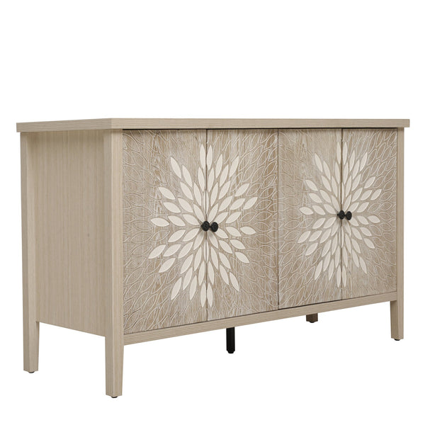 English Elm Sideboard Elegant Floral Handle Buffet Cabinet with 4 Doors, Adjustable Shelves & Reinforced Feet for Dining Room Storage Natural W688P232756