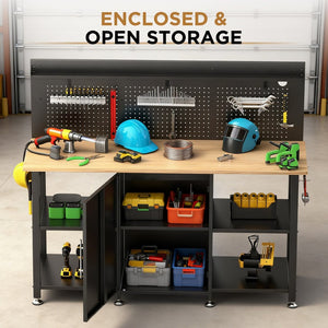 English Elm 60 Inch Garage Workbench Solid Wood Top Steel Frame with Cabinet Pegboard and Power Outlet W3190P410167