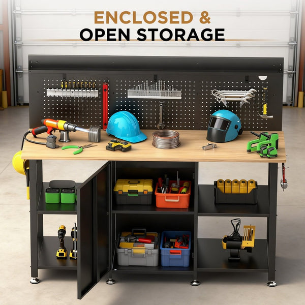 English Elm 60 Inch Garage Workbench Solid Wood Top Steel Frame with Cabinet Pegboard and Power Outlet W3190P410167
