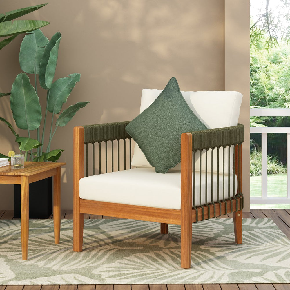 English Elm Christopher Knight Home® - Acacia Wood Outdoor Club Chair with Handwoven Rope, Curved Back & Water-Resistant Cushions for Patio Green,Natural+Beige N767P265743A