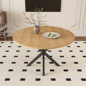 English Elm Extendable Round Oak Finish Dining Table Seats Six with Steel Base Modern Kitchen W2700P420811