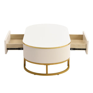 English Elm Modern Oval Coffee Table with Drawers and Gold Base, High-Gloss White Finish, Durable 47.2" Centerpiece N735P192897K