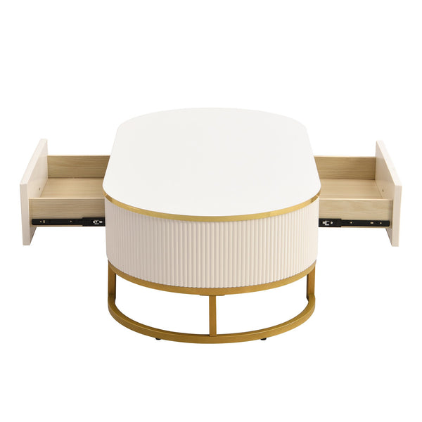 English Elm Modern Oval Coffee Table with Drawers and Gold Base, High-Gloss White Finish, Durable 47.2" Centerpiece N735P192897K
