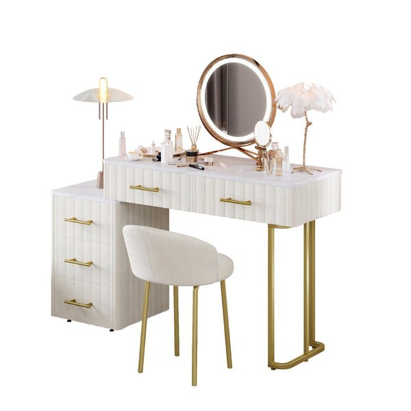English Elm Velvet Upholstered Vanity Desk Set with Marble-Look Top, Padded Chair, 5 Spacious Drawers & Gold Accents Beige 17.5 L x 16.3 W x 16.1 H N733S272606A