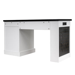 English Elm 55" Fluted White Computer Desk with Power Outlet Pegboard Cabinet and Keyboard Tray W2917P396008
