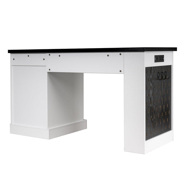 English Elm 55" Fluted White Computer Desk with Power Outlet Pegboard Cabinet and Keyboard Tray W2917P396008